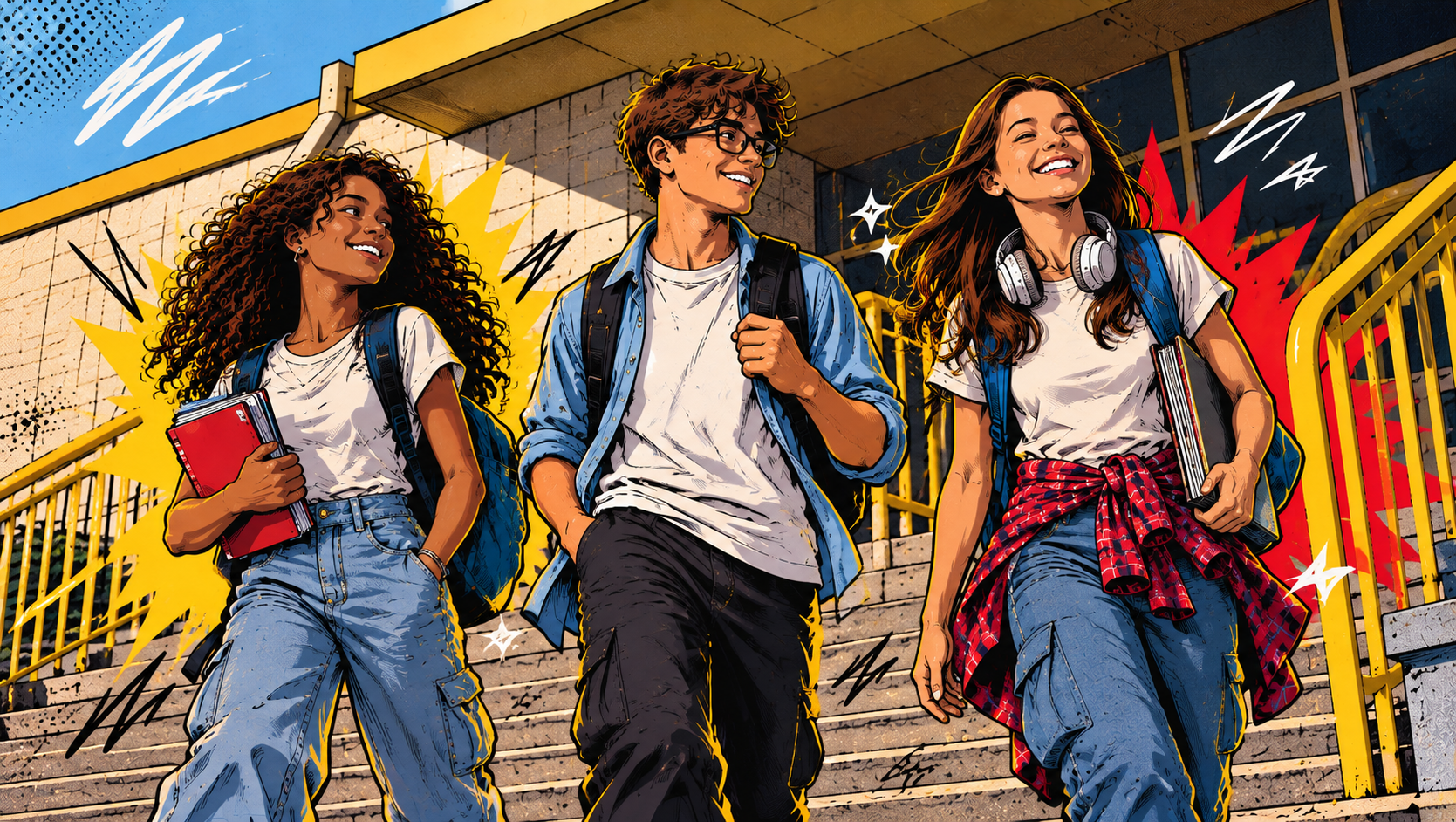 Estudantes descendo a escada da escola