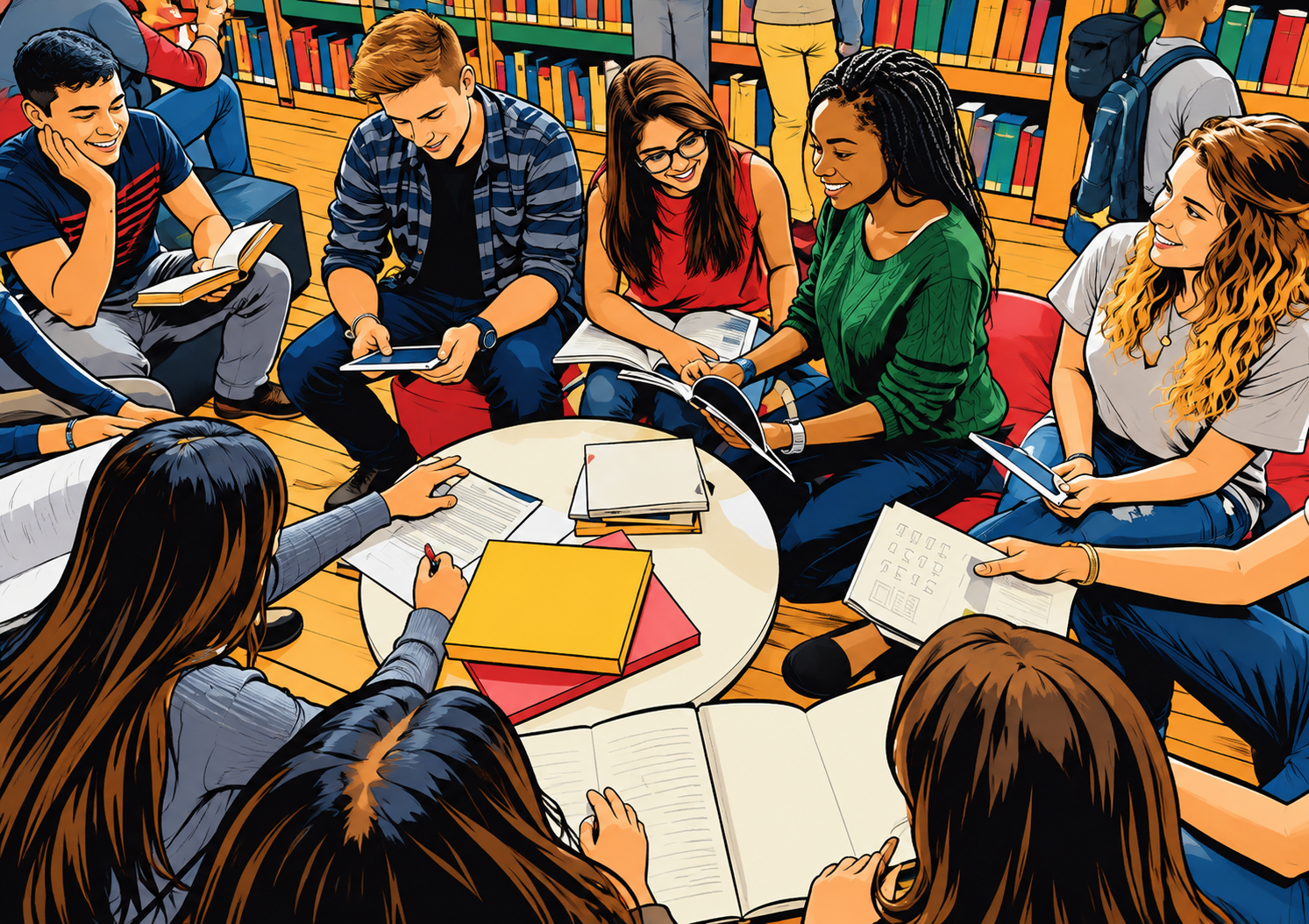 Estudantes em roda, com livros e cadernos, numa biblioteca