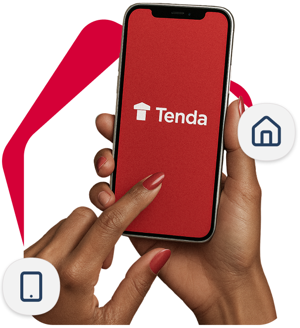 Mãos segurando um celular com o aplicativo da Tenda