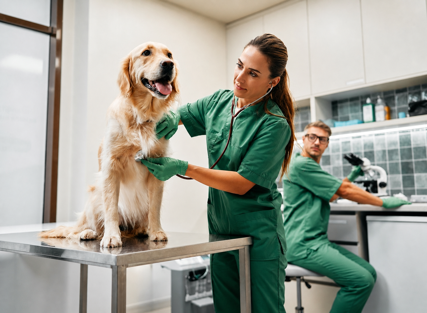 Veterinária examinando um cão na clínica