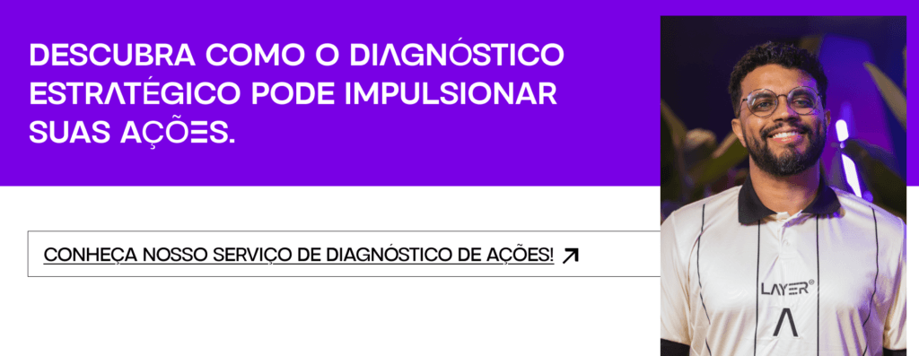 Banner de marketing da Layer Up promovendo serviço de diagnóstico estratégico para empresas. Inclui imagem de colaborador sorrindo e botão com chamada para ação para conhecer o serviço.
