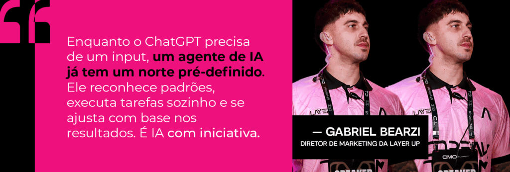 Explicação sobre IA com iniciativa: Enquanto o ChatGPT precisa de input, um agente de IA tem norte pré-definido, reconhece padrões e executa tarefas sozinho.