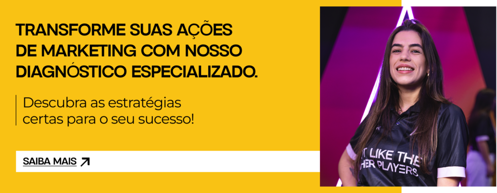 Banner de diagnóstico de marketing com o texto "Transforme suas ações de marketing com nosso diagnóstico especializado". Inclui foto de especialista e botão "Saiba Mais".