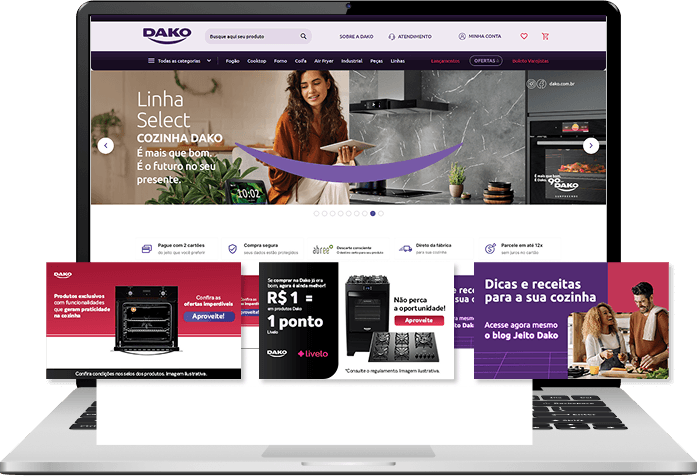 Mockup do novo site da Dako em notebook, com banner da Linha Select e peças de campanha de produtos, ofertas e receitas