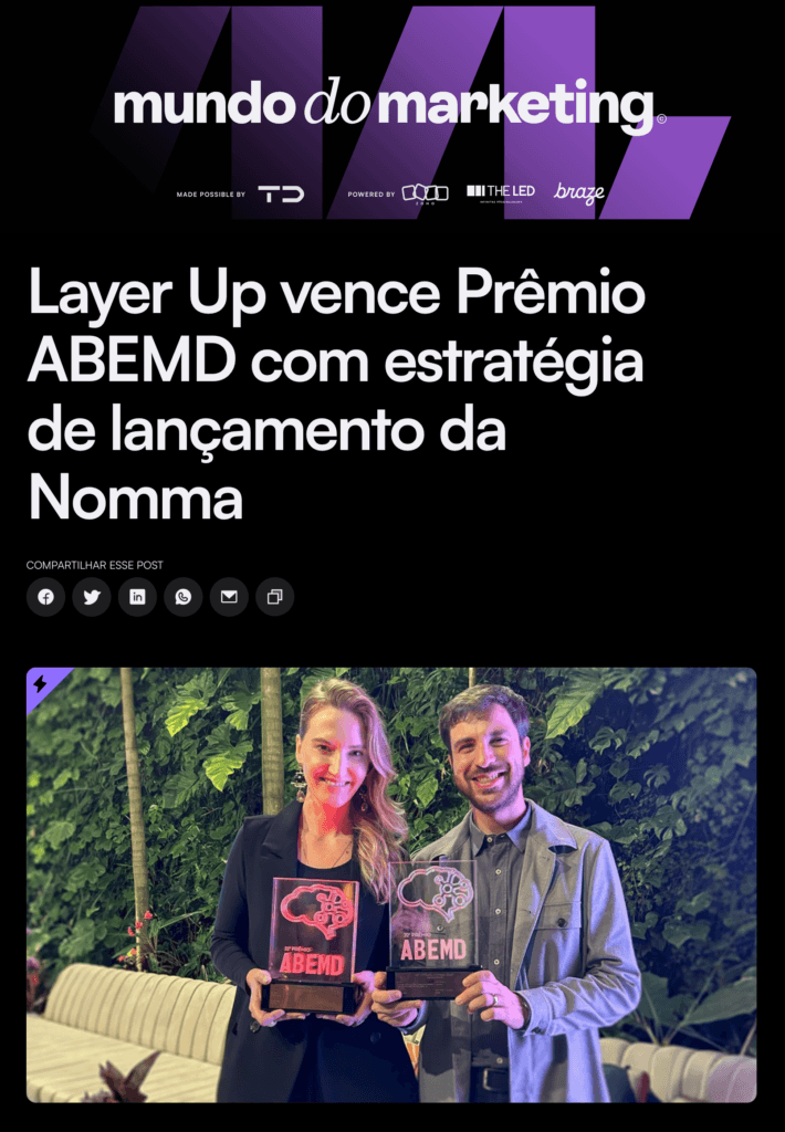 Print da matéria do Mundo do Marketing sobre a vitória da Layer Up no Prêmio ABEMD com a estratégia de lançamento da Nomma